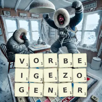 Kreative Illustration für ein Scrabble-Spiel, bei dem das Wort VORBEIGEZOGENER mit Steinen auf dem Brett gelegt wurde.