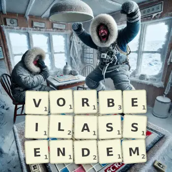 Kreative Illustration für ein Scrabble-Spiel, bei dem das Wort VORBEILASSENDEM mit Steinen auf dem Brett gelegt wurde.