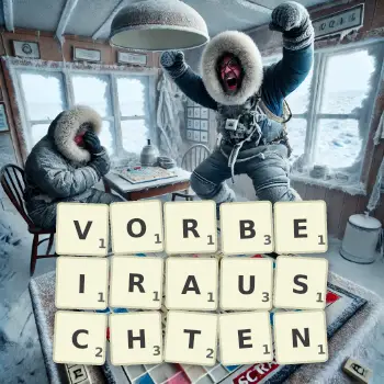 Kreative Illustration für ein Scrabble-Spiel, bei dem das Wort VORBEIRAUSCHTEN mit Steinen auf dem Brett gelegt wurde.