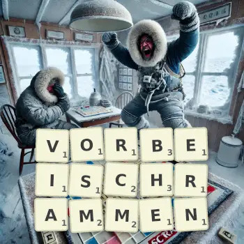 Kreative Illustration für ein Scrabble-Spiel, bei dem das Wort VORBEISCHRAMMEN mit Steinen auf dem Brett gelegt wurde.