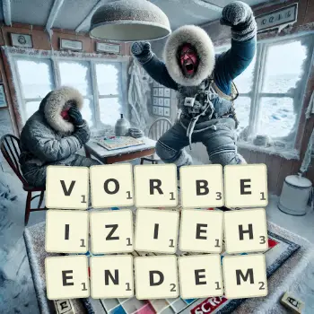 Kreative Illustration für ein Scrabble-Spiel, bei dem das Wort VORBEIZIEHENDEM mit Steinen auf dem Brett gelegt wurde.