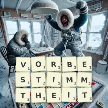 Kreative Illustration für ein Scrabble-Spiel, bei dem das Wort VORBESTIMMTHEIT mit Steinen auf dem Brett gelegt wurde.