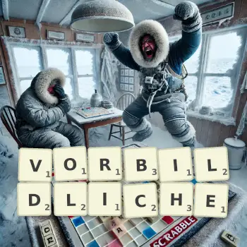 Kreative Illustration für ein Scrabble-Spiel, bei dem das Wort VORBILDLICHE mit Steinen auf dem Brett gelegt wurde.