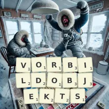 Kreative Illustration für ein Scrabble-Spiel, bei dem das Wort VORBILDOBJEKTS mit Steinen auf dem Brett gelegt wurde.
