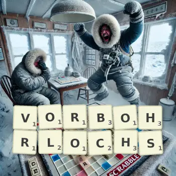 Kreative Illustration für ein Scrabble-Spiel, bei dem das Wort VORBOHRLOCHS mit Steinen auf dem Brett gelegt wurde.