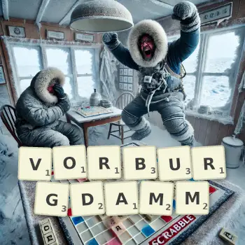 Kreative Illustration für ein Scrabble-Spiel, bei dem das Wort VORBURGDAMM mit Steinen auf dem Brett gelegt wurde.