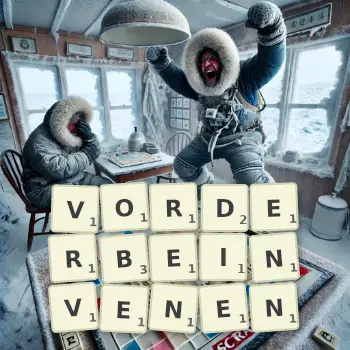 Kreative Illustration für ein Scrabble-Spiel, bei dem das Wort VORDERBEINVENEN mit Steinen auf dem Brett gelegt wurde.