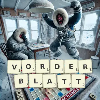 Kreative Illustration für ein Scrabble-Spiel, bei dem das Wort VORDERBLATT mit Steinen auf dem Brett gelegt wurde.