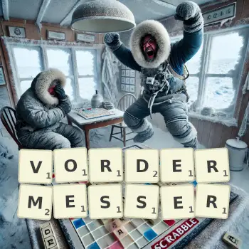 Kreative Illustration für ein Scrabble-Spiel, bei dem das Wort VORDERMESSER mit Steinen auf dem Brett gelegt wurde.