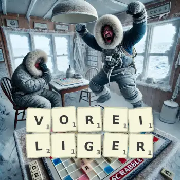 Kreative Illustration für ein Scrabble-Spiel, bei dem das Wort VOREILIGER mit Steinen auf dem Brett gelegt wurde.