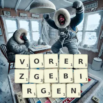Kreative Illustration für ein Scrabble-Spiel, bei dem das Wort VORERZGEBIRGEN mit Steinen auf dem Brett gelegt wurde.