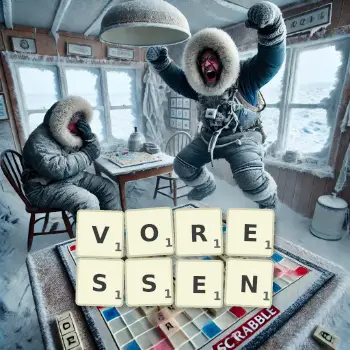 Kreative Illustration für ein Scrabble-Spiel, bei dem das Wort VORESSEN mit Steinen auf dem Brett gelegt wurde.