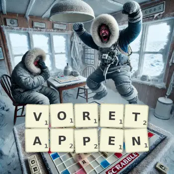 Kreative Illustration für ein Scrabble-Spiel, bei dem das Wort VORETAPPEN mit Steinen auf dem Brett gelegt wurde.