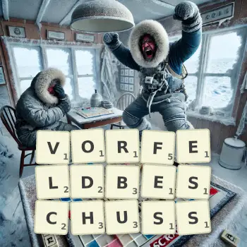 Kreative Illustration für ein Scrabble-Spiel, bei dem das Wort VORFELDBESCHUSS mit Steinen auf dem Brett gelegt wurde.