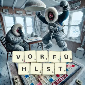 Kreative Illustration für ein Scrabble-Spiel, bei dem das Wort VORFÜHLST mit Steinen auf dem Brett gelegt wurde.