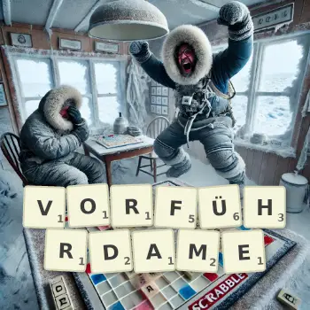 Kreative Illustration für ein Scrabble-Spiel, bei dem das Wort VORFÜHRDAME mit Steinen auf dem Brett gelegt wurde.