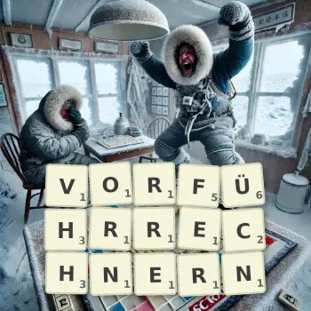 Kreative Illustration für ein Scrabble-Spiel, bei dem das Wort VORFÜHRRECHNERN mit Steinen auf dem Brett gelegt wurde.