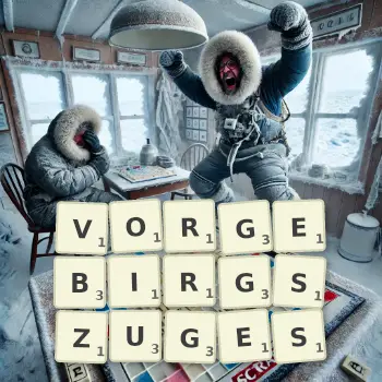 Kreative Illustration für ein Scrabble-Spiel, bei dem das Wort VORGEBIRGSZUGES mit Steinen auf dem Brett gelegt wurde.