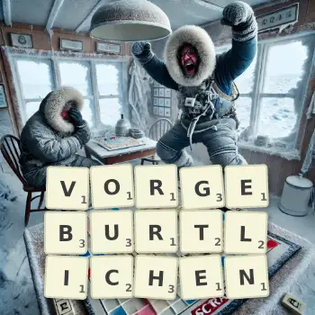 Kreative Illustration für ein Scrabble-Spiel, bei dem das Wort VORGEBURTLICHEN mit Steinen auf dem Brett gelegt wurde.