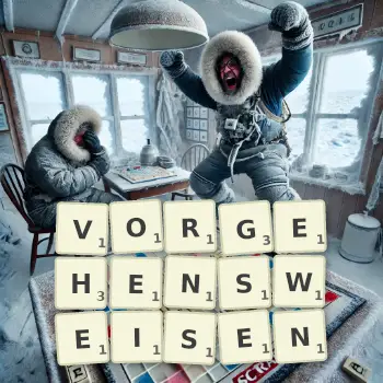 Kreative Illustration für ein Scrabble-Spiel, bei dem das Wort VORGEHENSWEISEN mit Steinen auf dem Brett gelegt wurde.
