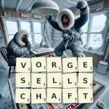 Kreative Illustration für ein Scrabble-Spiel, bei dem das Wort VORGESELLSCHAFT mit Steinen auf dem Brett gelegt wurde.