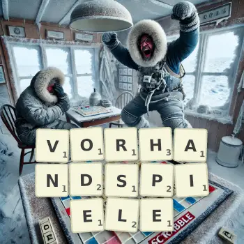 Kreative Illustration für ein Scrabble-Spiel, bei dem das Wort VORHANDSPIELE mit Steinen auf dem Brett gelegt wurde.