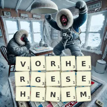 Kreative Illustration für ein Scrabble-Spiel, bei dem das Wort VORHERGESEHENEM mit Steinen auf dem Brett gelegt wurde.