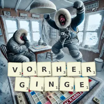 Kreative Illustration für ein Scrabble-Spiel, bei dem das Wort VORHERGINGE mit Steinen auf dem Brett gelegt wurde.