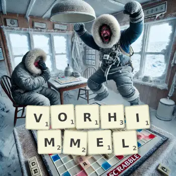 Kreative Illustration für ein Scrabble-Spiel, bei dem das Wort VORHIMMEL mit Steinen auf dem Brett gelegt wurde.