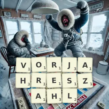 Kreative Illustration für ein Scrabble-Spiel, bei dem das Wort VORJAHRESZAHL mit Steinen auf dem Brett gelegt wurde.