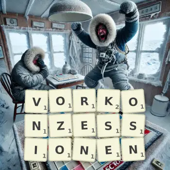 Kreative Illustration für ein Scrabble-Spiel, bei dem das Wort VORKONZESSIONEN mit Steinen auf dem Brett gelegt wurde.