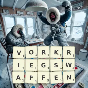 Kreative Illustration für ein Scrabble-Spiel, bei dem das Wort VORKRIEGSWAFFEN mit Steinen auf dem Brett gelegt wurde.