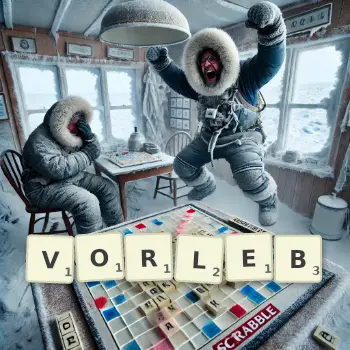 Kreative Illustration für ein Scrabble-Spiel, bei dem das Wort VORLEB mit Steinen auf dem Brett gelegt wurde.