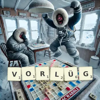 Kreative Illustration für ein Scrabble-Spiel, bei dem das Wort VORLÜG mit Steinen auf dem Brett gelegt wurde.