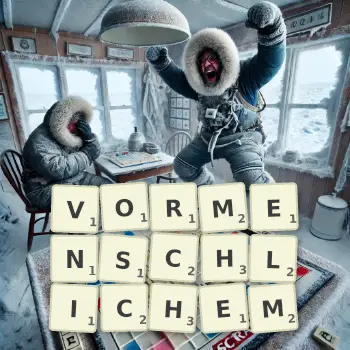 Kreative Illustration für ein Scrabble-Spiel, bei dem das Wort VORMENSCHLICHEM mit Steinen auf dem Brett gelegt wurde.