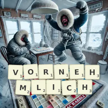 Kreative Illustration für ein Scrabble-Spiel, bei dem das Wort VORNEHMLICH mit Steinen auf dem Brett gelegt wurde.