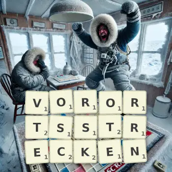 Kreative Illustration für ein Scrabble-Spiel, bei dem das Wort VORORTSSTRECKEN mit Steinen auf dem Brett gelegt wurde.