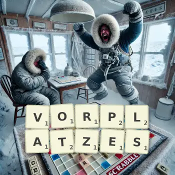 Kreative Illustration für ein Scrabble-Spiel, bei dem das Wort VORPLATZES mit Steinen auf dem Brett gelegt wurde.