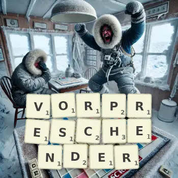 Kreative Illustration für ein Scrabble-Spiel, bei dem das Wort VORPRESCHENDER mit Steinen auf dem Brett gelegt wurde.