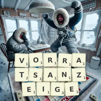 Kreative Illustration für ein Scrabble-Spiel, bei dem das Wort VORRATSANZEIGE mit Steinen auf dem Brett gelegt wurde.