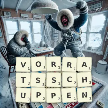 Kreative Illustration für ein Scrabble-Spiel, bei dem das Wort VORRATSSCHUPPEN mit Steinen auf dem Brett gelegt wurde.