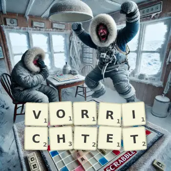 Kreative Illustration für ein Scrabble-Spiel, bei dem das Wort VORRICHTET mit Steinen auf dem Brett gelegt wurde.