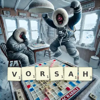 Kreative Illustration für ein Scrabble-Spiel, bei dem das Wort VORSAH mit Steinen auf dem Brett gelegt wurde.