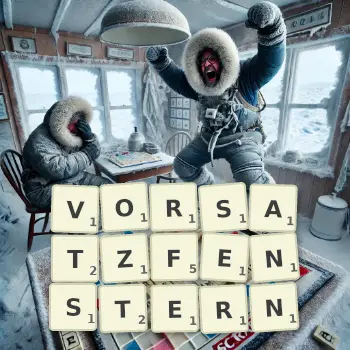 Kreative Illustration für ein Scrabble-Spiel, bei dem das Wort VORSATZFENSTERN mit Steinen auf dem Brett gelegt wurde.