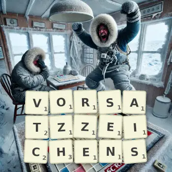 Kreative Illustration für ein Scrabble-Spiel, bei dem das Wort VORSATZZEICHENS mit Steinen auf dem Brett gelegt wurde.