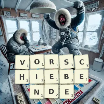 Kreative Illustration für ein Scrabble-Spiel, bei dem das Wort VORSCHIEBENDE mit Steinen auf dem Brett gelegt wurde.