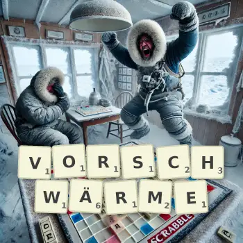 Kreative Illustration für ein Scrabble-Spiel, bei dem das Wort VORSCHWÄRME mit Steinen auf dem Brett gelegt wurde.