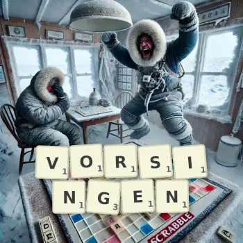Kreative Illustration für ein Scrabble-Spiel, bei dem das Wort VORSINGEN mit Steinen auf dem Brett gelegt wurde.