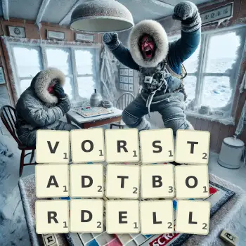 Kreative Illustration für ein Scrabble-Spiel, bei dem das Wort VORSTADTBORDELL mit Steinen auf dem Brett gelegt wurde.