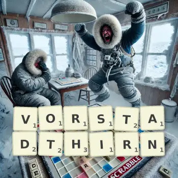 Kreative Illustration für ein Scrabble-Spiel, bei dem das Wort VORSTADTHIRN mit Steinen auf dem Brett gelegt wurde.